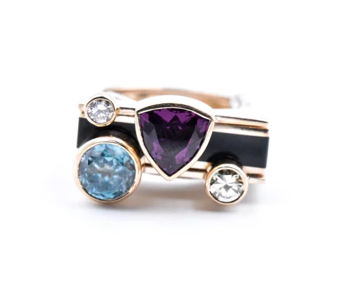 14k Yellow Gold Garnet, Zircon, Diamond, and Onyx Geometric Ring