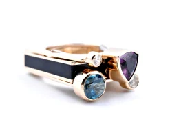 14k Yellow Gold Garnet, Zircon, Diamond, and Onyx Geometric Ring