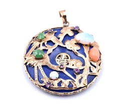 14k Yellow Gold Lapis, Jade, Opal, and Ruby Asian Style Pendant