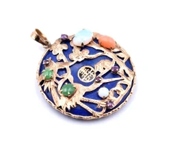 14k Yellow Gold Lapis, Jade, Opal, and Ruby Asian Style Pendant