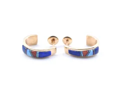 14k Yellow Gold Navajo J Style Earrings with Lapis, Malachite, Coral and Mother of Pearl Inlay