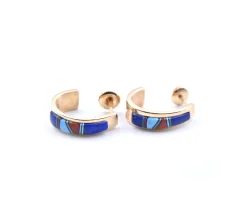 14k Yellow Gold Navajo J Style Earrings with Lapis, Malachite, Coral and Mother of Pearl Inlay
