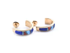 14k Yellow Gold Navajo J Style Earrings with Lapis, Malachite, Coral and Mother of Pearl Inlay