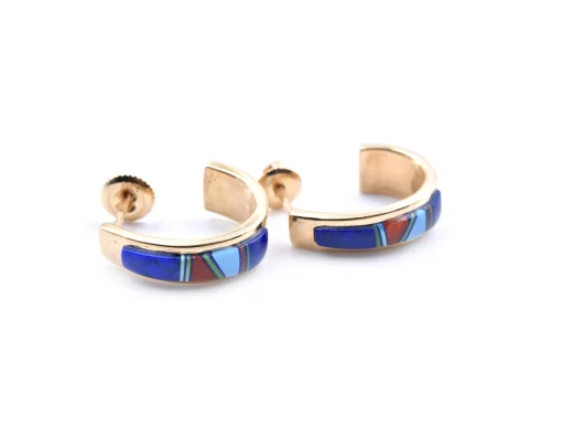 14k Yellow Gold Navajo J Style Earrings with Lapis, Malachite, Coral and Mother of Pearl Inlay