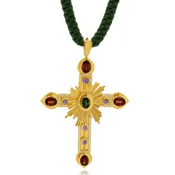 18K Yellow Gold Sunstone, Tourmaline, Amethyst, Diamond Cross Necklace