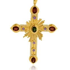 18K Yellow Gold Sunstone, Tourmaline, Amethyst, Diamond Cross Necklace