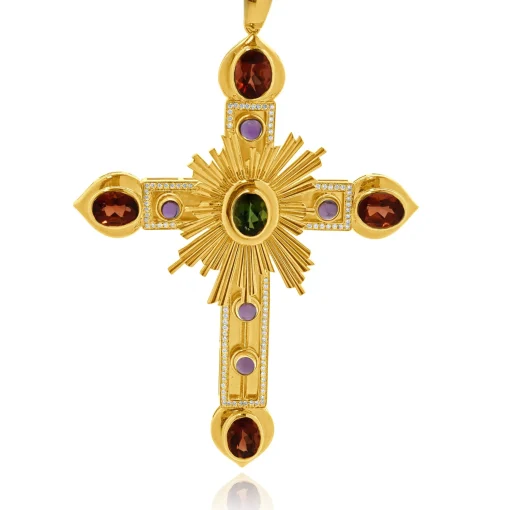 18K Yellow Gold Sunstone, Tourmaline, Amethyst, Diamond Cross Necklace