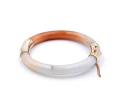 14k Yellow Gold White and Burnt Orange Jade Bangle Bracelet