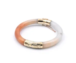 14k Yellow Gold White and Burnt Orange Jade Bangle Bracelet