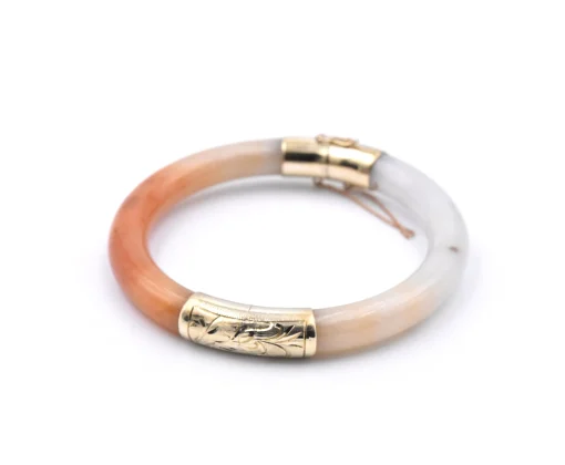 14k Yellow Gold White and Burnt Orange Jade Bangle Bracelet