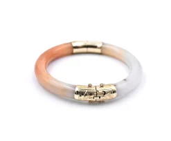 14k Yellow Gold White and Burnt Orange Jade Bangle Bracelet