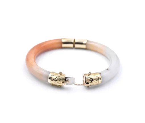 14k Yellow Gold White and Burnt Orange Jade Bangle Bracelet