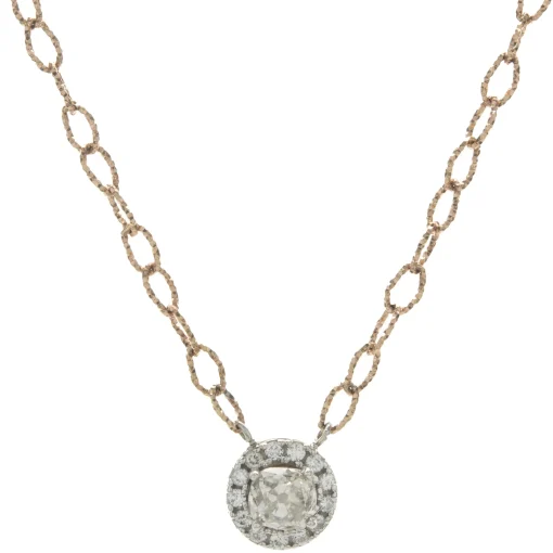14 Karat Rose and White Gold Old Mine Cut Diamond Halo Necklace
