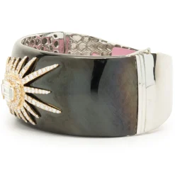 18 Karat Rose Gold, Black Enamel, and Mosaic Set Diamond Star Bangle Bracelet