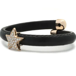 18 Karat Rose Gold Black Leather Diamond Solo Star Wrap Bracelet