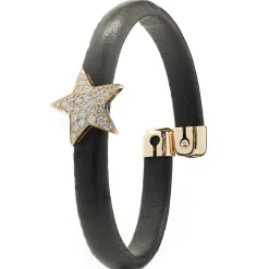 18 Karat Rose Gold Black Leather Diamond Solo Star Wrap Bracelet