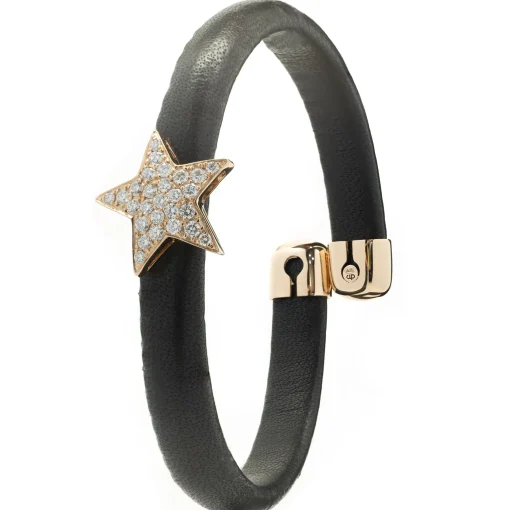 18 Karat Rose Gold Black Leather Diamond Solo Star Wrap Bracelet