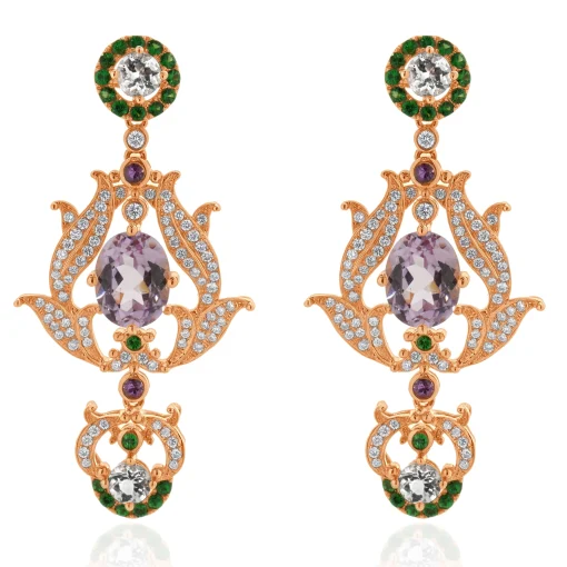 18 Karat Rose Gold Diamond, Kunzite, and Morganite Vintage Floral Style Earrings