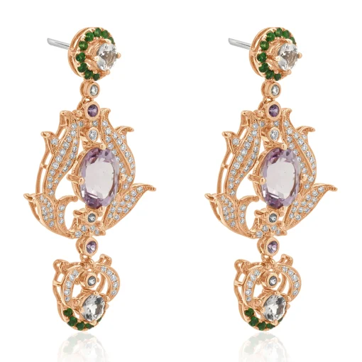 18 Karat Rose Gold Diamond, Kunzite, and Morganite Vintage Floral Style Earrings