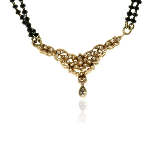10 Karat Rose Gold Vintage Diamond Floral Motif and Double Stranded Onyx Bead Necklace