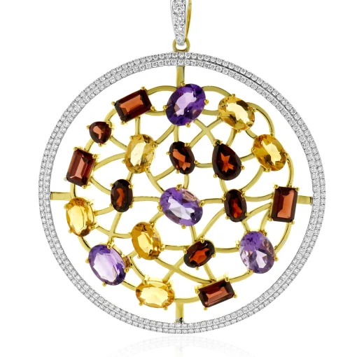 14 Karat Two Tone Multi-Gemstone and Diamond Circle Pendant Necklace