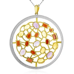 14 Karat Two Tone Multi-Gemstone and Diamond Circle Pendant Necklace