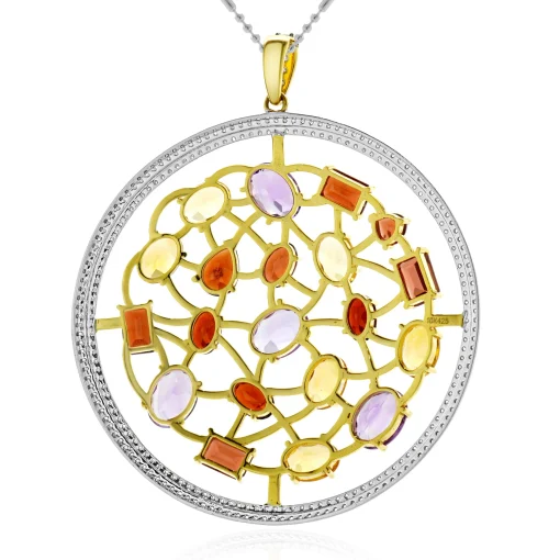14 Karat Two Tone Multi-Gemstone and Diamond Circle Pendant Necklace