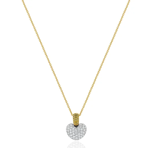 18 Karat White & Yellow Gold Fancy Yellow and White Diamond Puffed Heart Necklace