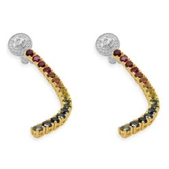18 Karat White & Yellow Gold Diamond and Rainbow Sapphire Inline Drop Earrings