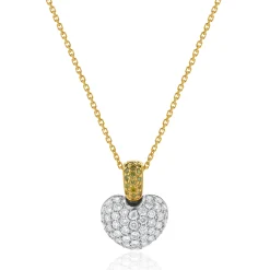 18 Karat White & Yellow Gold Fancy Yellow and White Diamond Puffed Heart Necklace