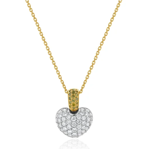 18 Karat White & Yellow Gold Fancy Yellow and White Diamond Puffed Heart Necklace