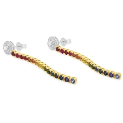 18 Karat White & Yellow Gold Diamond and Rainbow Sapphire Inline Drop Earrings