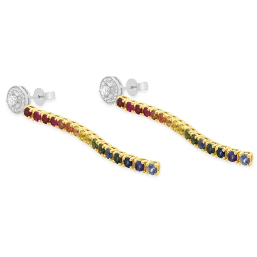 18 Karat White & Yellow Gold Diamond and Rainbow Sapphire Inline Drop Earrings