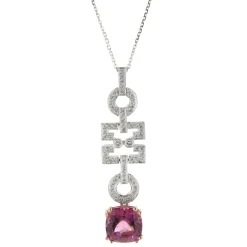18 Karat White and Rose Gold Pink Tourmaline and Diamond Geometric Drop Necklace