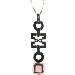 18 Karat White and Rose Gold Pink Tourmaline and Diamond Geometric Drop Necklace