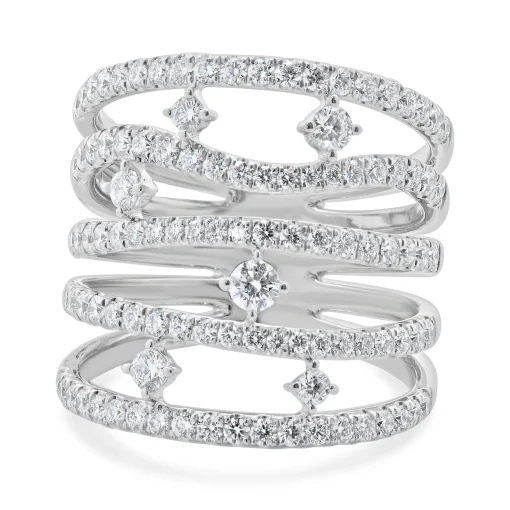 14 Karat White Gold 5 Row Sprinkled Diamond Fashion Ring