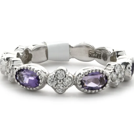 14 Karat White Gold Amethyst and Diamond Star Band