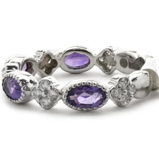 14 Karat White Gold Amethyst and Diamond Star Band