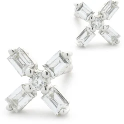 14 Karat White Gold Baguette Cut Diamond X Stud Earrings