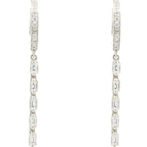 14 Karat White Gold Baguette and Round Brilliant Cut Diamond Stick Drop Earrings