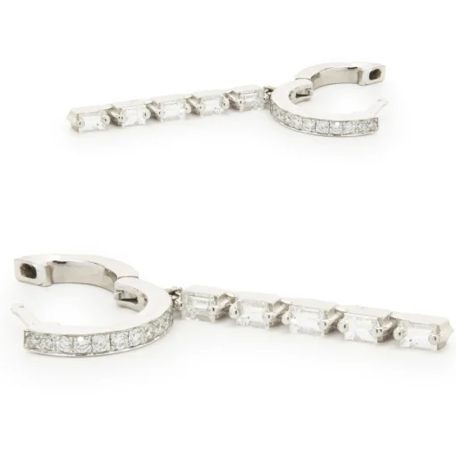 14 Karat White Gold Baguette and Round Brilliant Cut Diamond Stick Drop Earrings