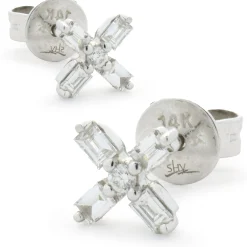 14 Karat White Gold Baguette Cut Diamond X Stud Earrings