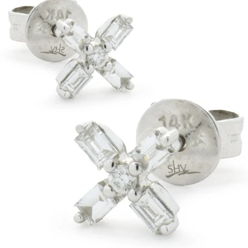 14 Karat White Gold Baguette Cut Diamond X Stud Earrings