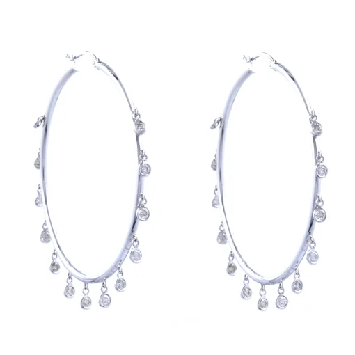 14 Karat White Gold Bezel Set Diamond Hoop Earrings
