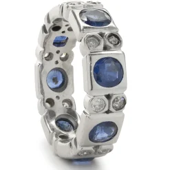 14 Karat White Gold Bezel Set Sapphire and Diamond Band