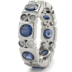 14 Karat White Gold Bezel Set Sapphire and Diamond Band