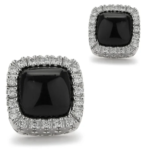 14 Karat White Gold Black Onyx and Diamond Stud Earrings