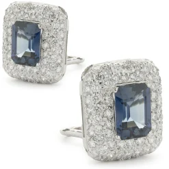 18 Karat White Gold Blue Sapphire and Pave Diamond Earrings