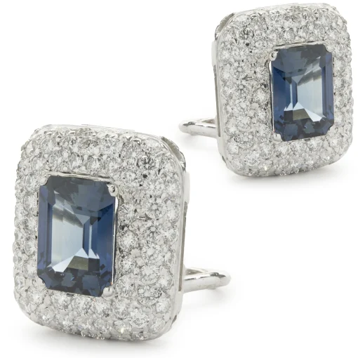 18 Karat White Gold Blue Sapphire and Pave Diamond Earrings