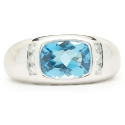14 Karat White Gold Blue Topaz and Diamond Ring